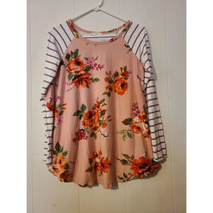 Reborn J Women's Top Size Small Floral Print Stripped Sleeves Raglan Style